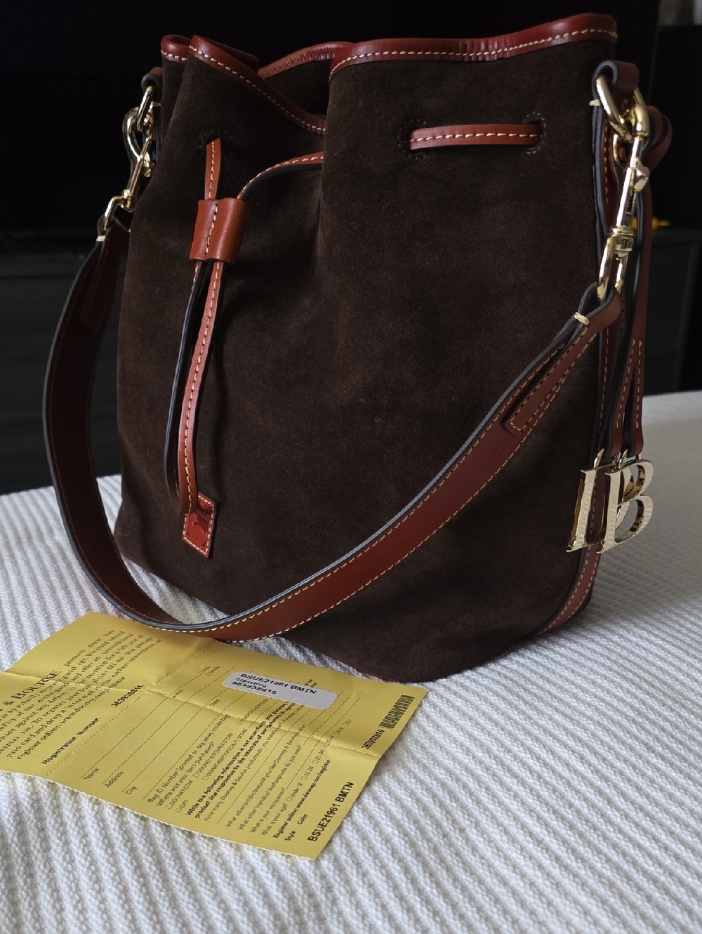 NWT Dooney & Bourke Brown Suede Bucket Bag with Leather Trim